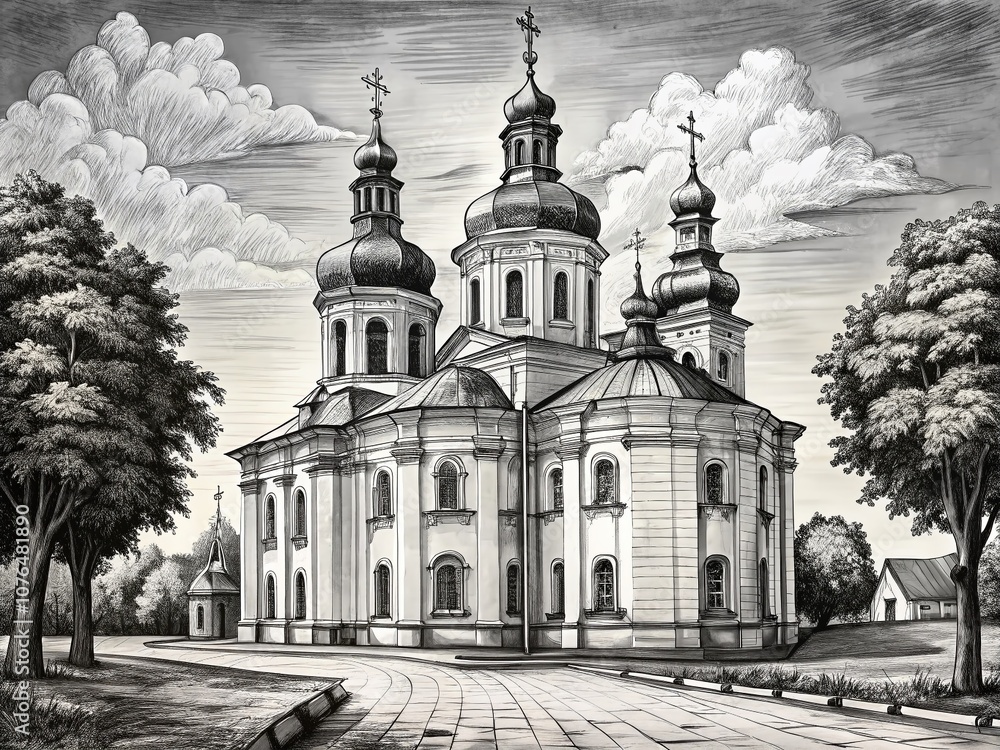 Hand-Drawn Sketch of Resurrection Church in Chernihiv, Ukraine: An Artistic Ink and Pen Illustration of Ancient Architecture and Old Street Landscape in Black and White Hand-Drawn Sketch of Resurrection Church in Chernihiv, Ukraine: An Artistic Ink and Pen Illustration of Ancient Architecture and Old Street Landscape in Black and White
