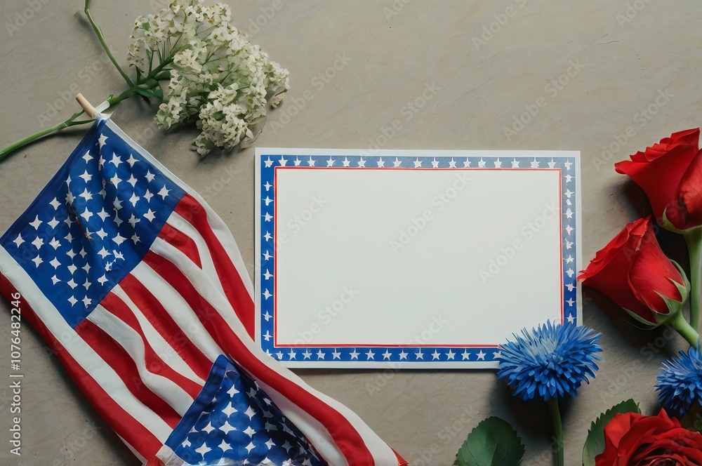 Obraz premium Patriotic Memorial Day Still Life Frame with American Flag Decorations