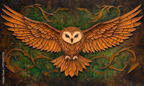 A large owl with its wings spread out is the main focus of the image photo