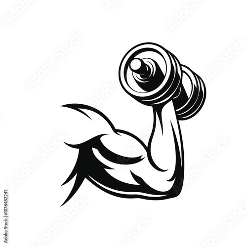 A black and white illustration of a man lifting a dumbbell. The dumbbell is in the middle of the photo and is the main focus