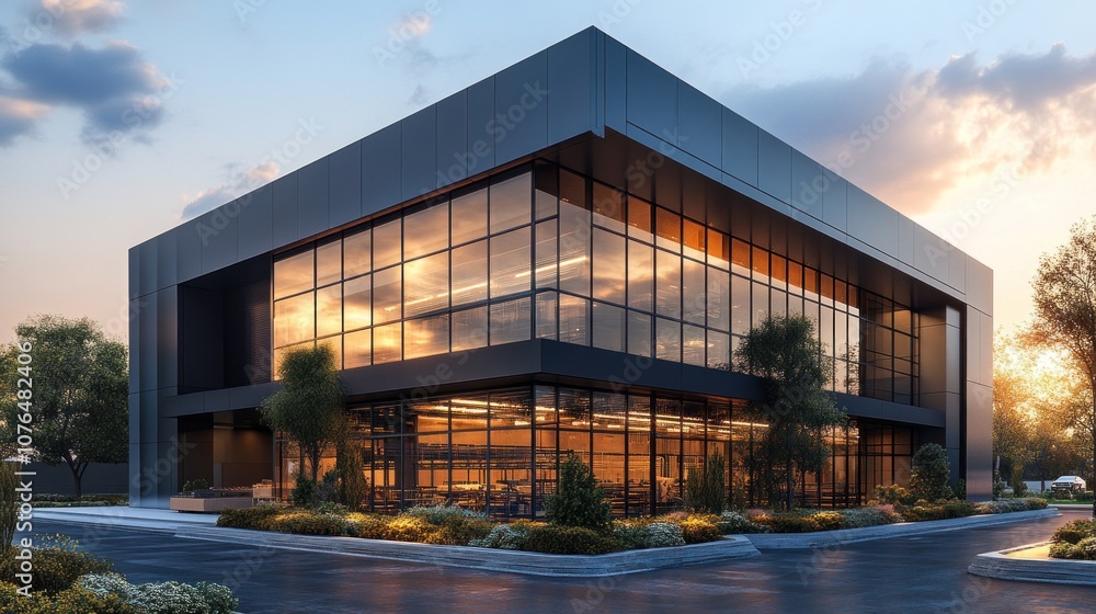 Modern glass building with landscaped surroundings at sunset. Modern glass building with landscaped surroundings at sunset.