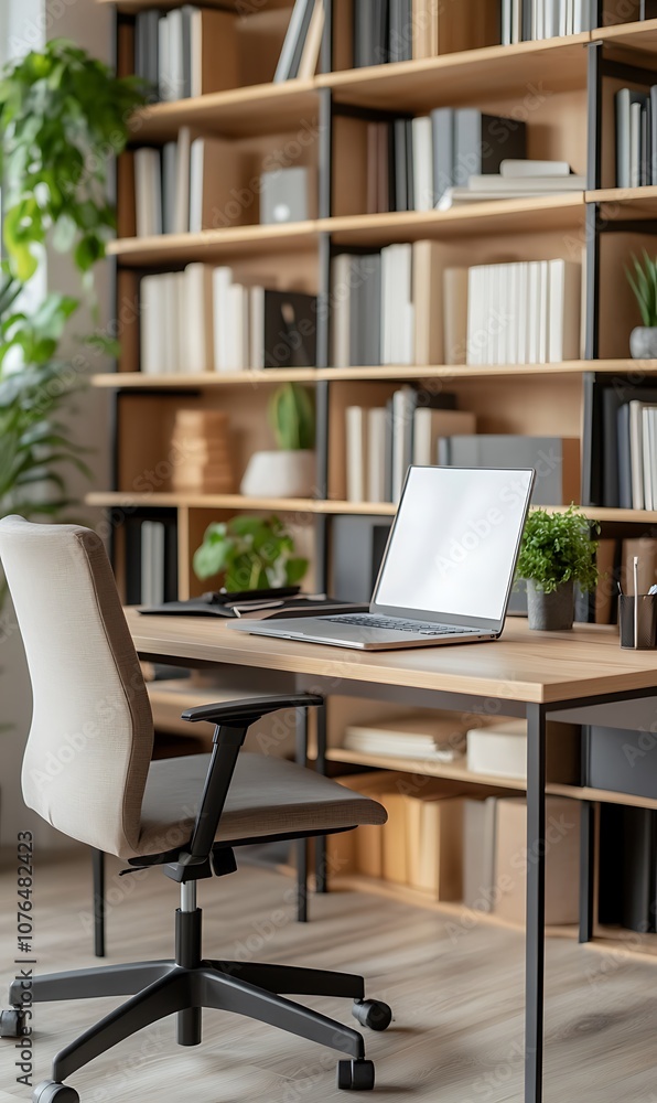 Modern home office with a desk, laptop, chair, and a bookshelf filled with books. Modern home office with a desk, laptop, chair, and a bookshelf filled with books.