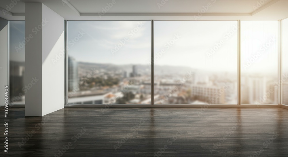 Fototapeta premium Spacious modern empty room with large windows overlooking cityscape