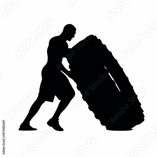 Obraz na płótnie A man is pushing a tire. The tire is black and white. The man is wearing shorts w salonie