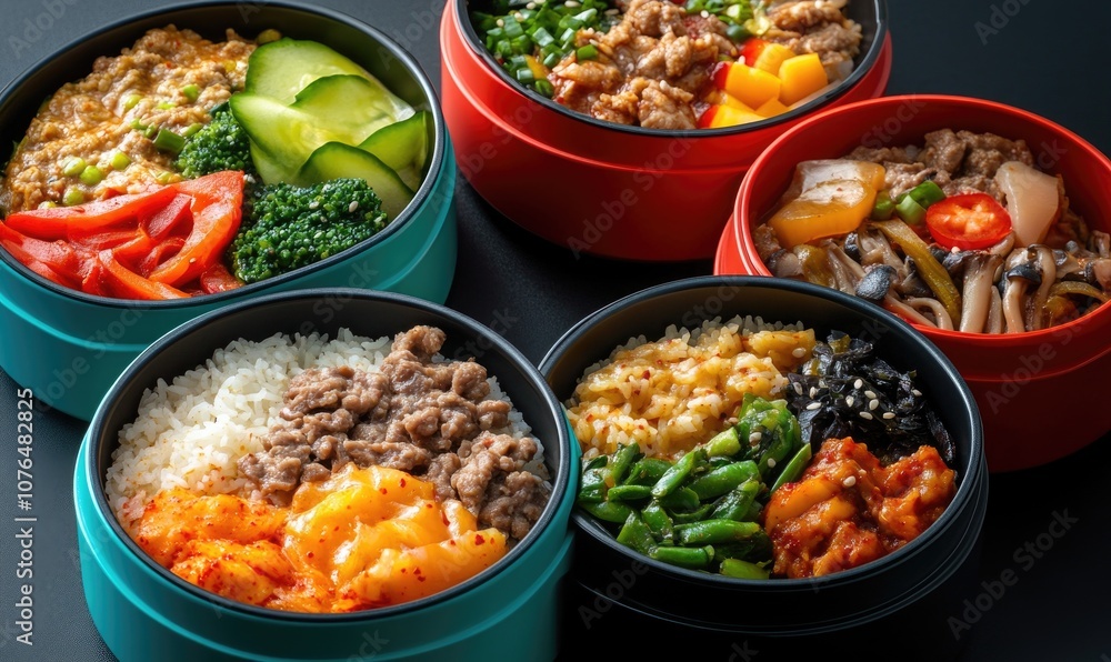 A ring of five lunch boxes, each filled with colorful Korean dishes