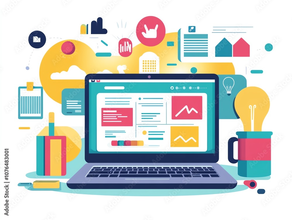 Digital meeting on laptop, remote work environment, virtual collaboration, flat design illustration Digital meeting on laptop, remote work environment, virtual collaboration, flat design illustration