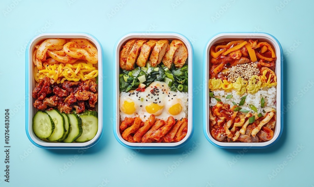A trio of lunch boxes filled with iconic Korean street food, arranged vertically with open lids A trio of lunch boxes filled with iconic Korean street food, arranged vertically with open lids