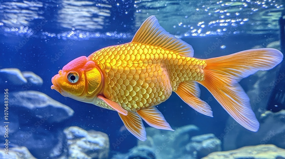 Fototapeta premium Majestic goldfish with vivid fins and scales swimming in a clear, still blue aquarium, providing a close look at its intricate details