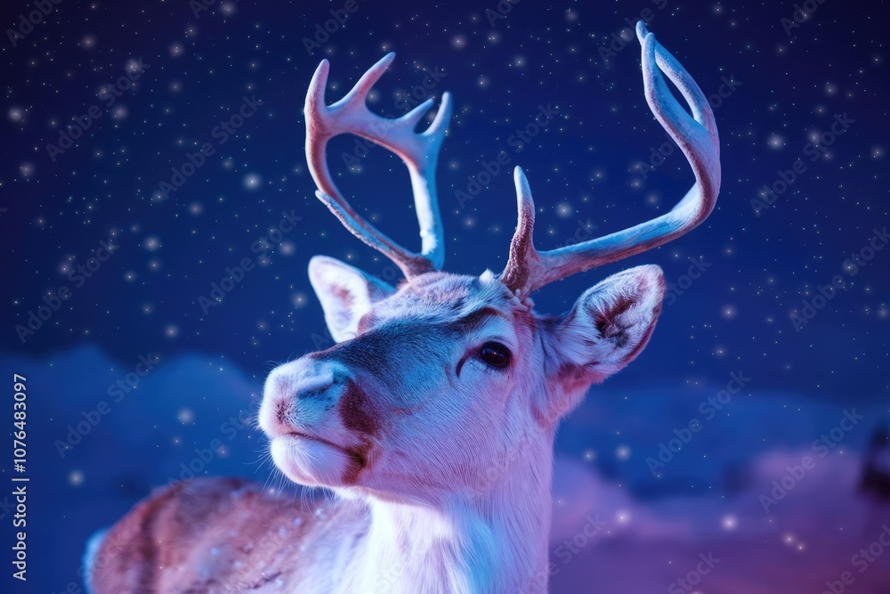 A reindeer gazes up at a starry night sky its antlers silhouetted against the twinkling lights. A reindeer gazes up at a starry night sky its antlers silhouetted against the twinkling lights.