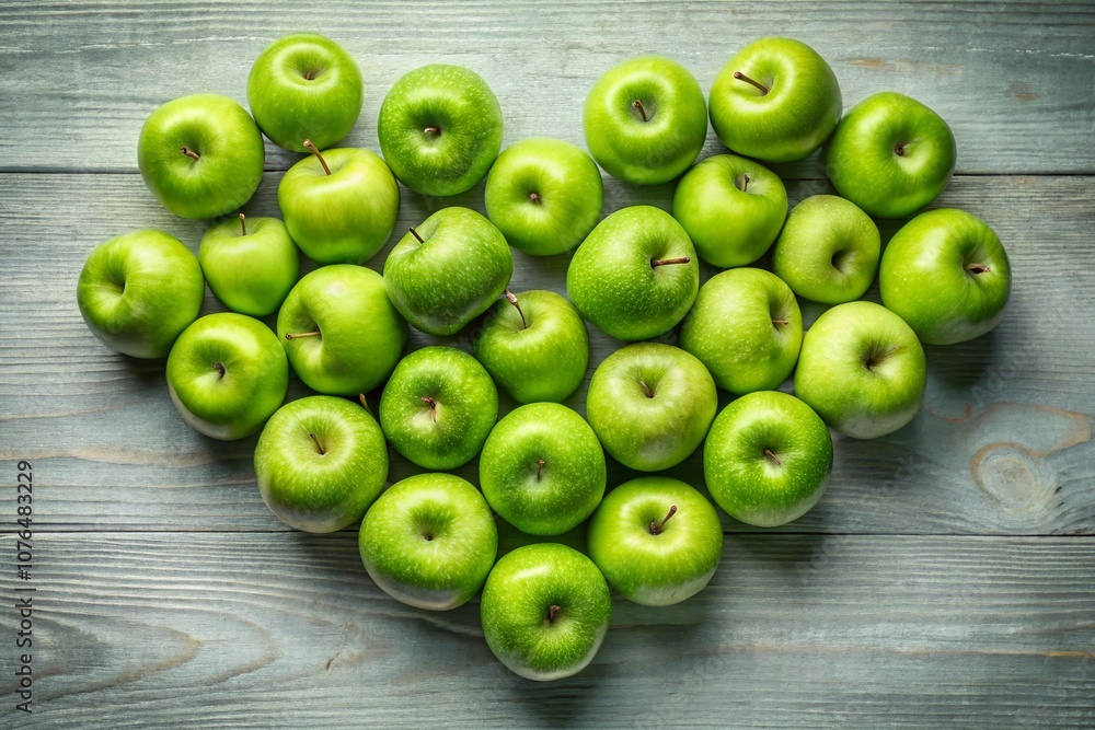 Heart-Shaped Arrangement of Fresh Green Apples on a Clean Background with Ample Copy Space for Text Overlay or Design Elements Heart-Shaped Arrangement of Fresh Green Apples on a Clean Background with Ample Copy Space for Text Overlay or Design Elements