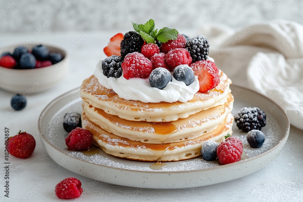Indulge in Fluffy Pancakes Topped with Fresh Berries and Cream Indulge in Fluffy Pancakes Topped with Fresh Berries and Cream