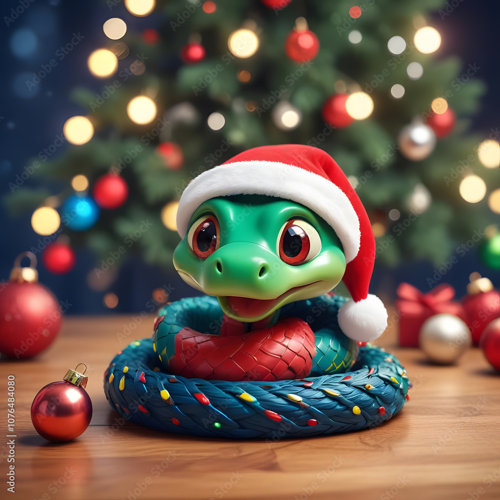 A colorfull smiling cartoon snake wearing a red Santa hat A colorfull smiling cartoon snake wearing a red Santa hat