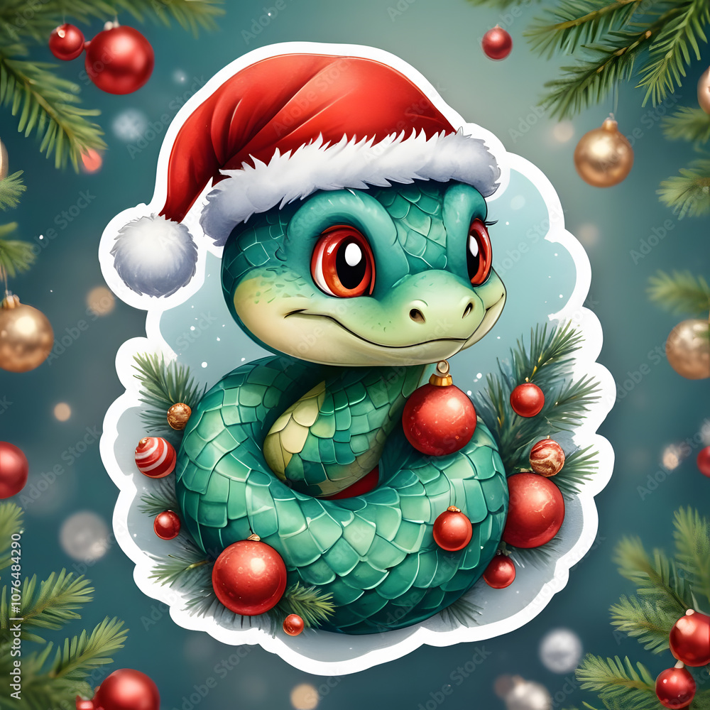holiday sticker with green snake wearing a bright red Santa hat, surrounded by Christmas tree branches and balls holiday sticker with green snake wearing a bright red Santa hat, surrounded by Christmas tree branches and balls
