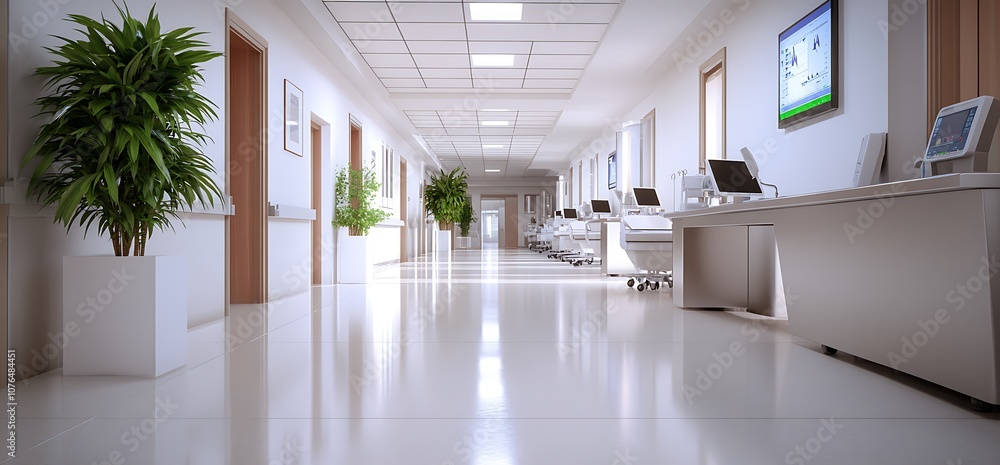 Modern hospital corridor with white walls, tiled floor, and potted plants. Modern hospital corridor with white walls, tiled floor, and potted plants.