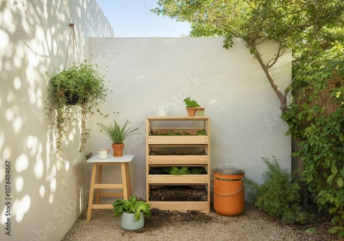 Sunlit urban garden with vertical planter and composter