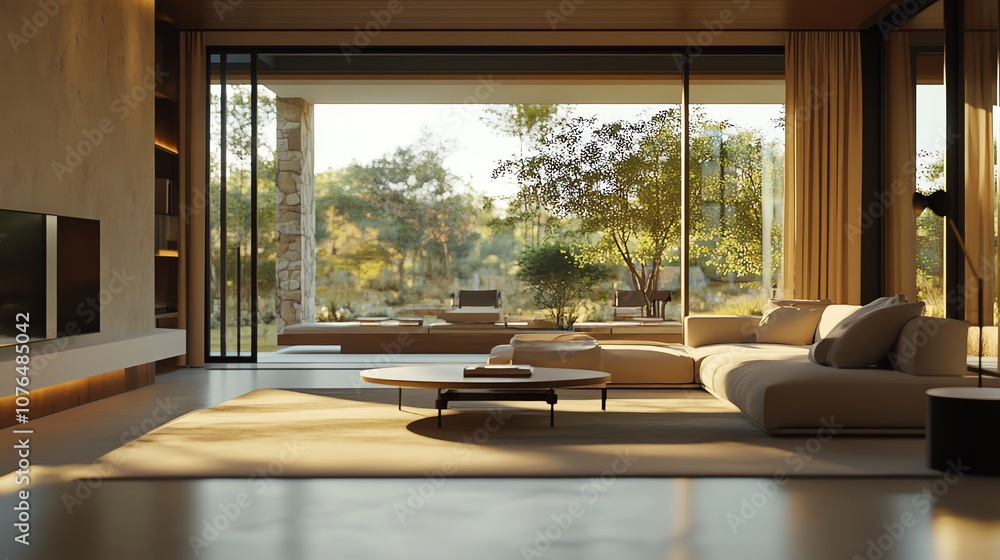 Fototapeta premium A modern living room with a large sectional sofa and a view of a patio with lush greenery through large windows.