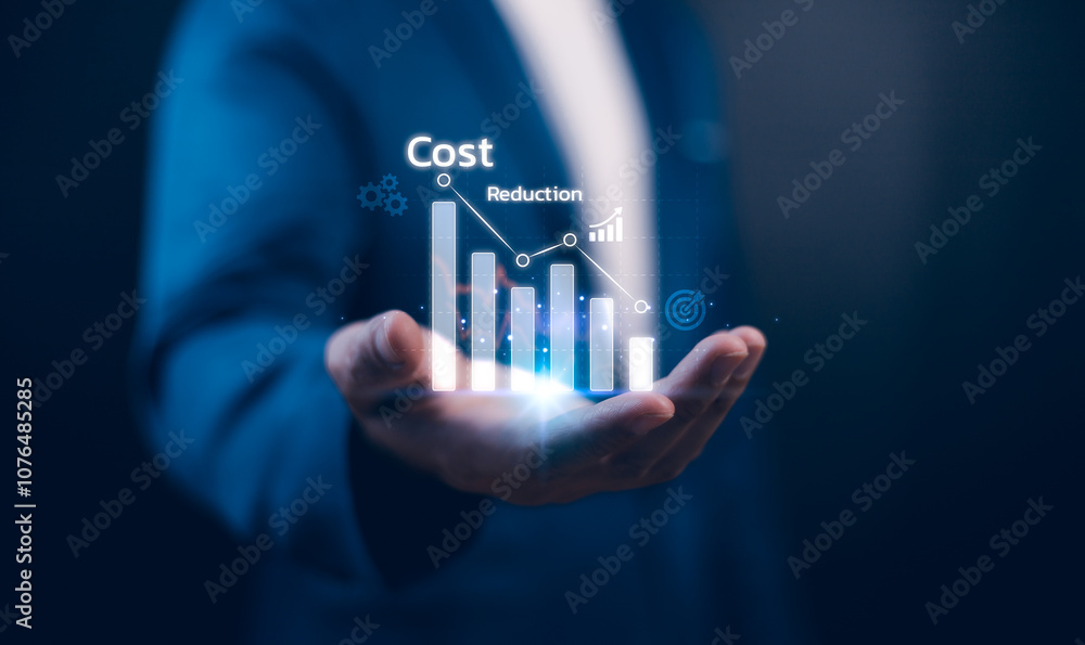 Cost and quality control, business strategy and project management concept. Businessman use computer laptop with quality control growth graph and cost reduction, control budget cost and improvement.