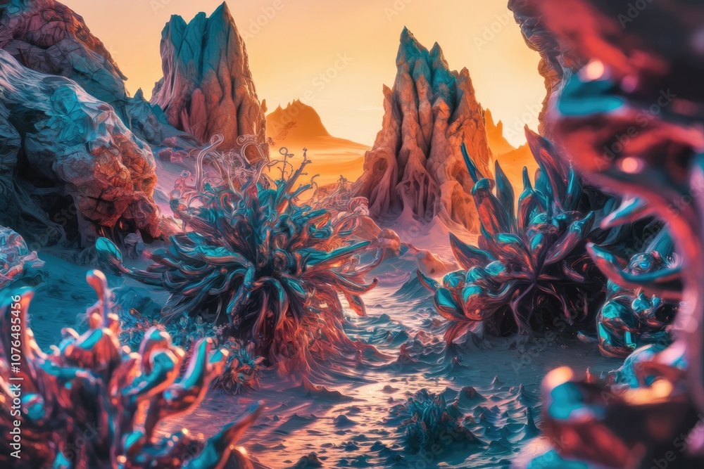 A surreal landscape with towering rock formations and bioluminescent flora. A surreal landscape with towering rock formations and bioluminescent flora.