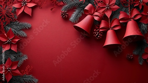 Elegant Christmas Background with Red Bells, Poinsettias, and Pine Branches