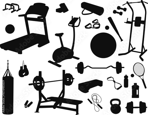 set of silhouettes sports equipment, exercise machines