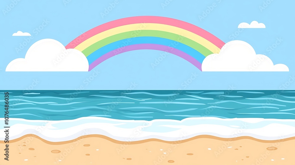 Fototapeta premium Rainbow Over a Beach with Blue Ocean Water