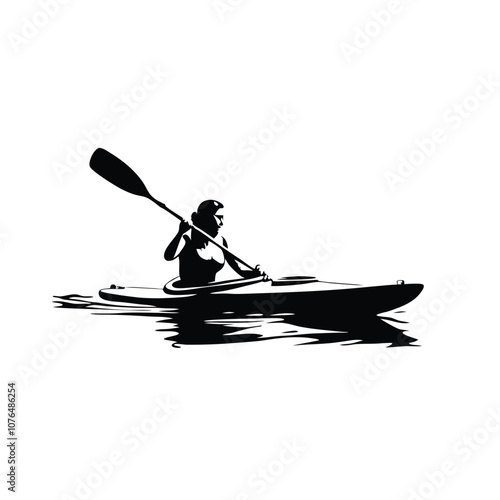 A woman is paddling a kayak. She is wearing a ponytail. The kayak is in the water