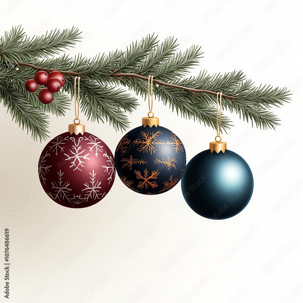 Elegant Christmas ornaments hang from a pine branch, featuring rich colors and delicate patterns, enhancing a festive holiday atmosphere. Elegant Christmas ornaments hang from a pine branch, featuring rich colors and delicate patterns, enhancing a festive holiday atmosphere.