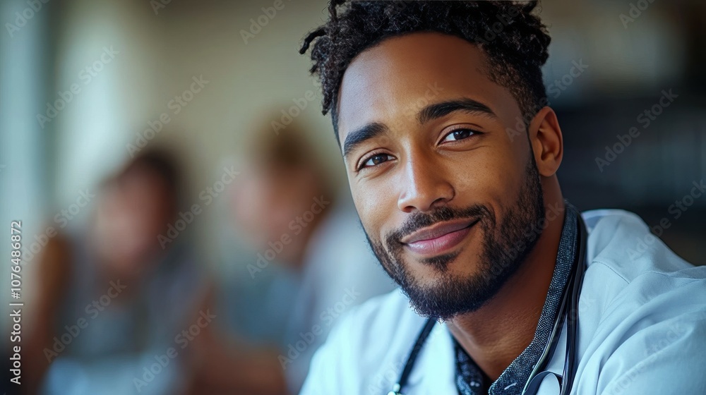 The young male doctor, wearing a white coat and stethoscope, smiles warmly while interacting with patients in a well-lit clinic environment The young male doctor, wearing a white coat and stethoscope, smiles warmly while interacting with patients in a well-lit clinic environment