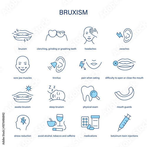 Bruxism symptoms, diagnostic and treatment vector icon set. Medical icons.