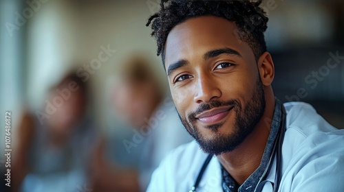 The young male doctor, wearing a white coat and stethoscope, smiles warmly while interacting with patients in a well-lit clinic environment