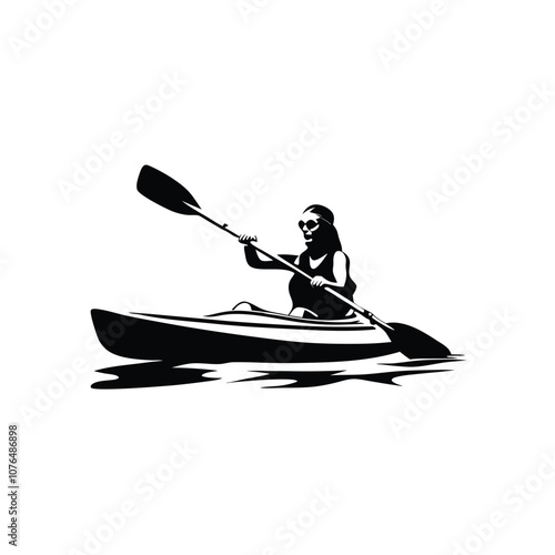 A woman is paddling a kayak. She is wearing a ponytail. The kayak is in the water