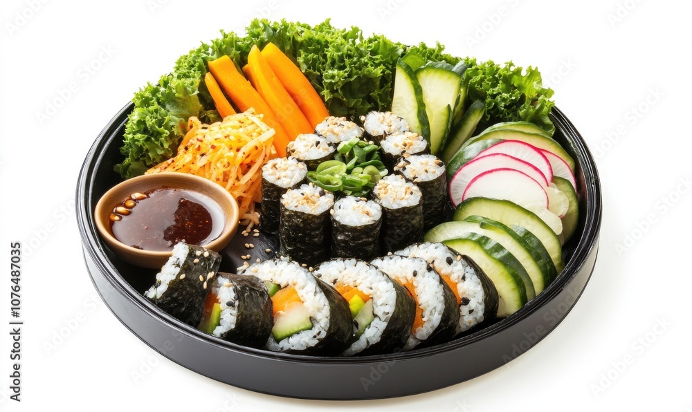 A plate of assorted sushi and vegetables is served in a black bowl A plate of assorted sushi and vegetables is served in a black bowl