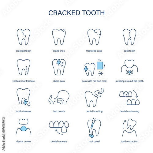 Cracked Tooth symptoms, diagnostic and treatment vector icon set. Medical icons.