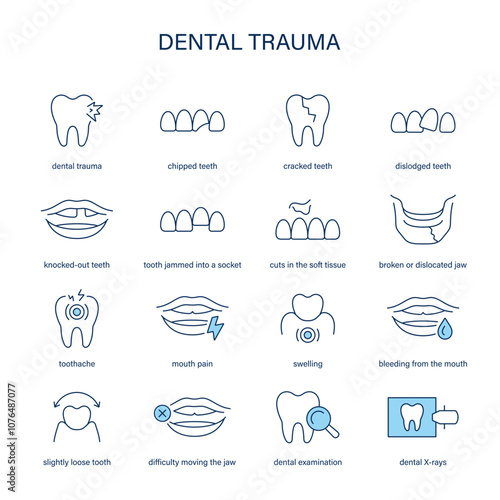 Dental Trauma symptoms, diagnostic and treatment vector icon set. Medical icons.