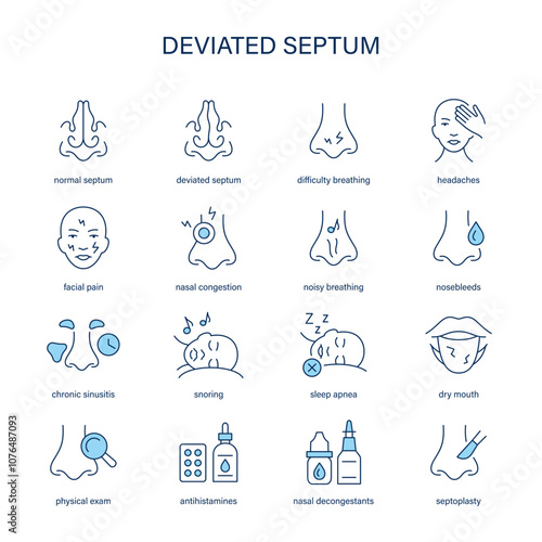 Deviated Septum symptoms, diagnostic and treatment vector icon set. Medical icons.