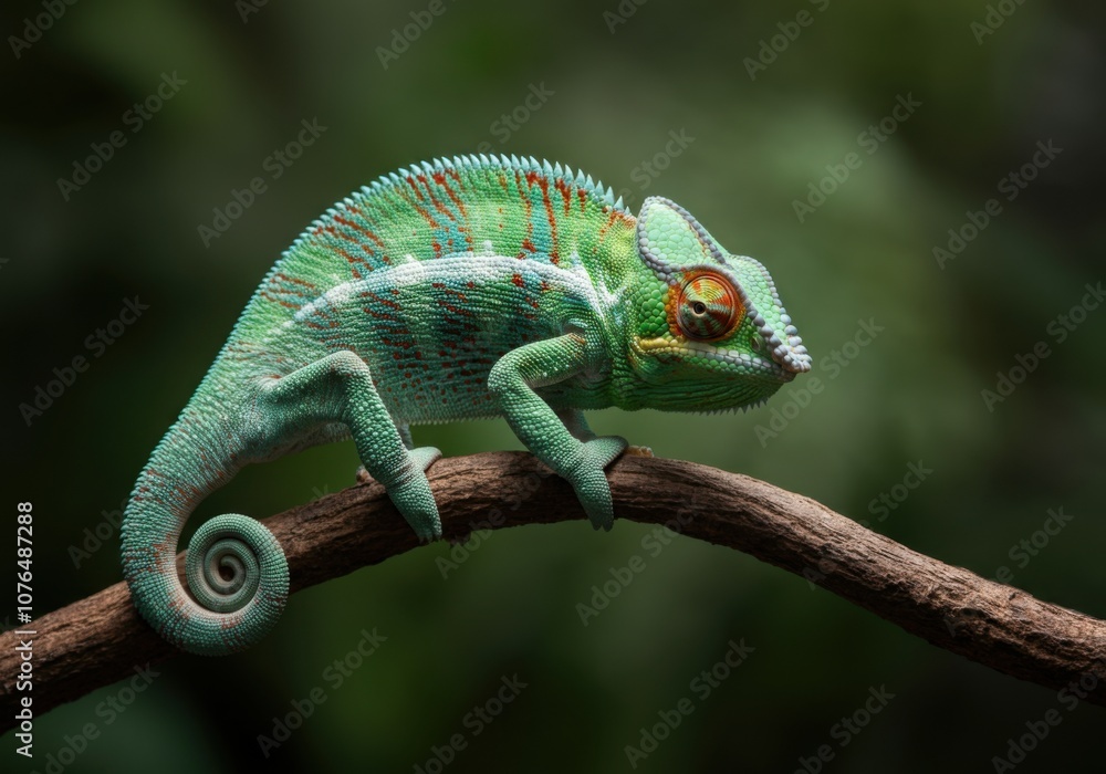 Fototapeta premium Vibrant green chameleon on branch in tropical forest