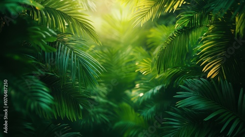 Sunlight streams through the dense foliage of the forest, casting a warm glow on the vibrant green leaves. The peaceful atmosphere invites exploration and reflection