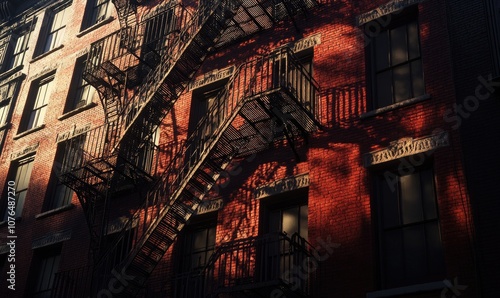 A building with a fire escape and a shadow on the side