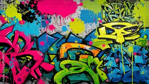 Abstract graffiti wall background with vibrant pop art elements, featuring bold colors like neon pink, electric blue, lime green, and bright yellow