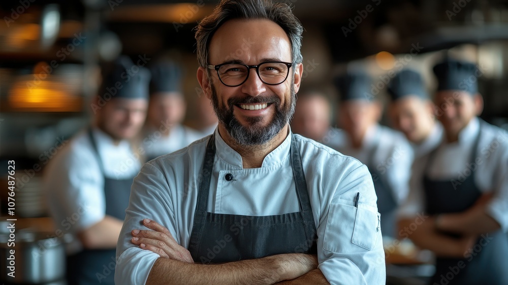 A chef smiles confidently, arms crossed, in a vibrant kitchen filled with activity. Behind him, team members work diligently to prepare dishes for dinner service A chef smiles confidently, arms crossed, in a vibrant kitchen filled with activity. Behind him, team members work diligently to prepare dishes for dinner service