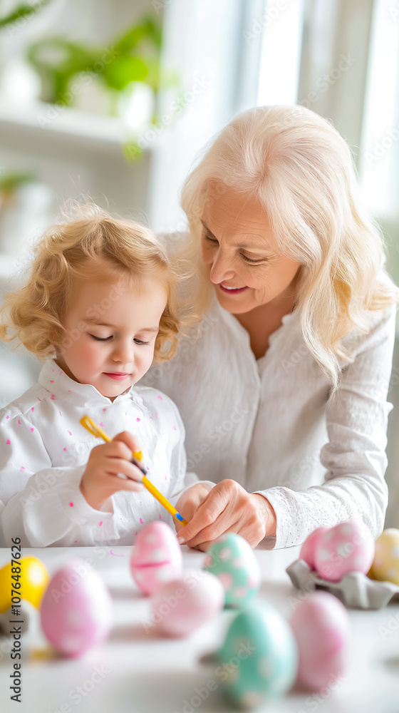 Naklejka premium A joyful grandmother guides her young granddaughter in painting colorful Easter eggs at a well-lit kitchen table