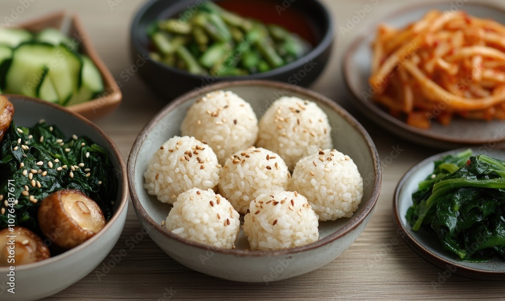 A variety of Asian food is displayed on a table, including rice, vegetables A variety of Asian food is displayed on a table, including rice, vegetables