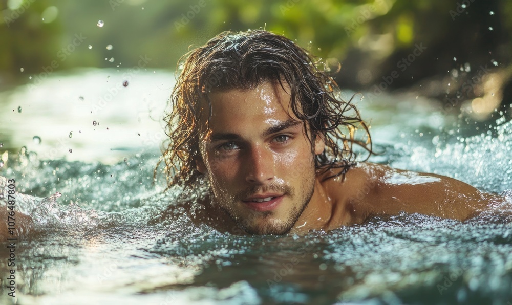 Fototapeta premium A man with long hair is swimming in the water