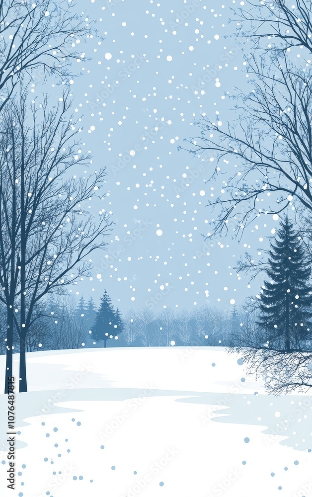 Vertical Snowy background with snowflakes falling, creating an atmosphere of magic and wonder for Christmas cards. The blue sky is adorned with delicate white pine branches that surround the scene. Vertical Snowy background with snowflakes falling, creating an atmosphere of magic and wonder for Christmas cards. The blue sky is adorned with delicate white pine branches that surround the scene.