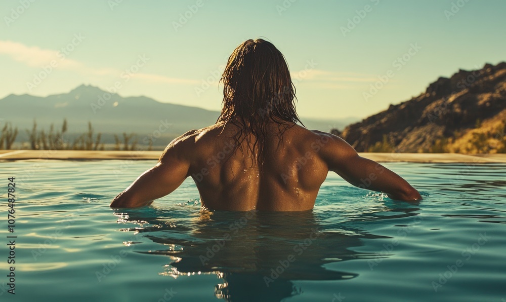 A man is sitting in a pool of water, nature background A man is sitting in a pool of water, nature background