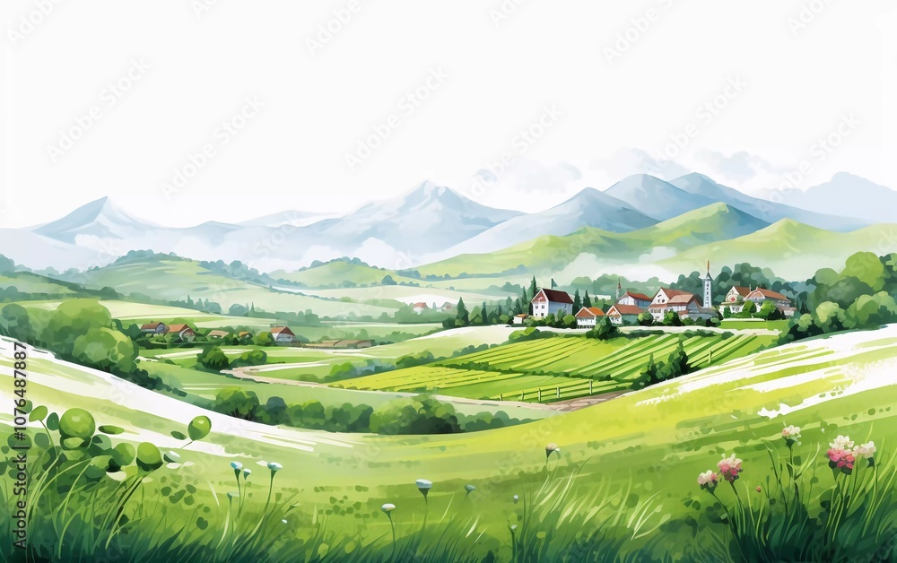 Obraz premium A serene landscape featuring rolling hills, mountains, and a quaint village in the distance.