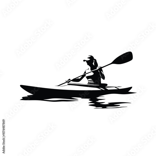 A woman is paddling a kayak. She is wearing a ponytail. The kayak is in the water