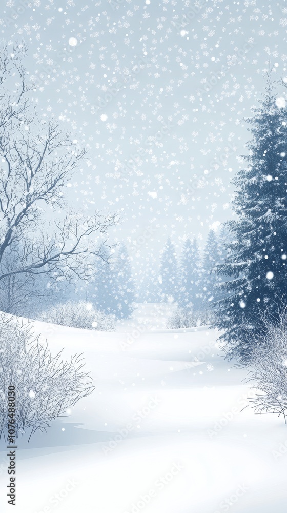 Fototapeta premium Vertical Snowy background with snowflakes falling, creating an atmosphere of magic and wonder for Christmas cards. The blue sky is adorned with delicate white pine branches that surround the scene. 