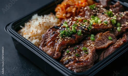 A tray of food with meat and rice