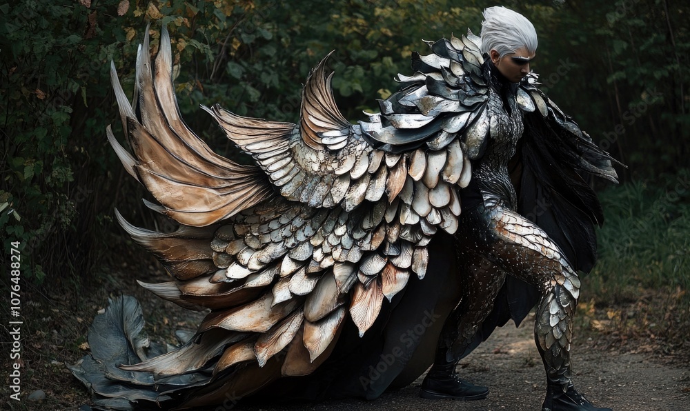 Fototapeta premium A woman in a costume with a winged cape is posing for a photo